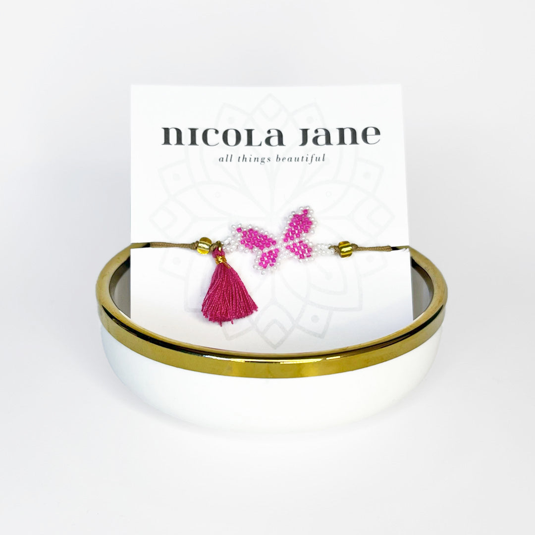 Beaded bracelet - pink butterfly