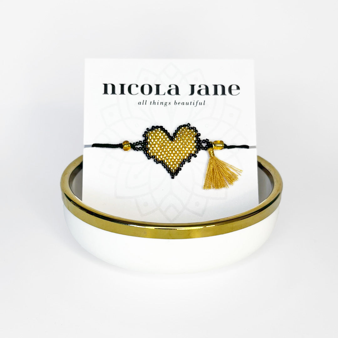 Beaded bracelet - gold & black heart