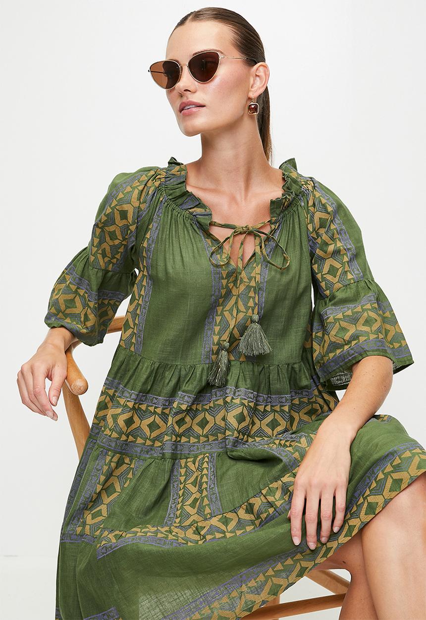 Stella Morgan - Green & Gold Boho Dress