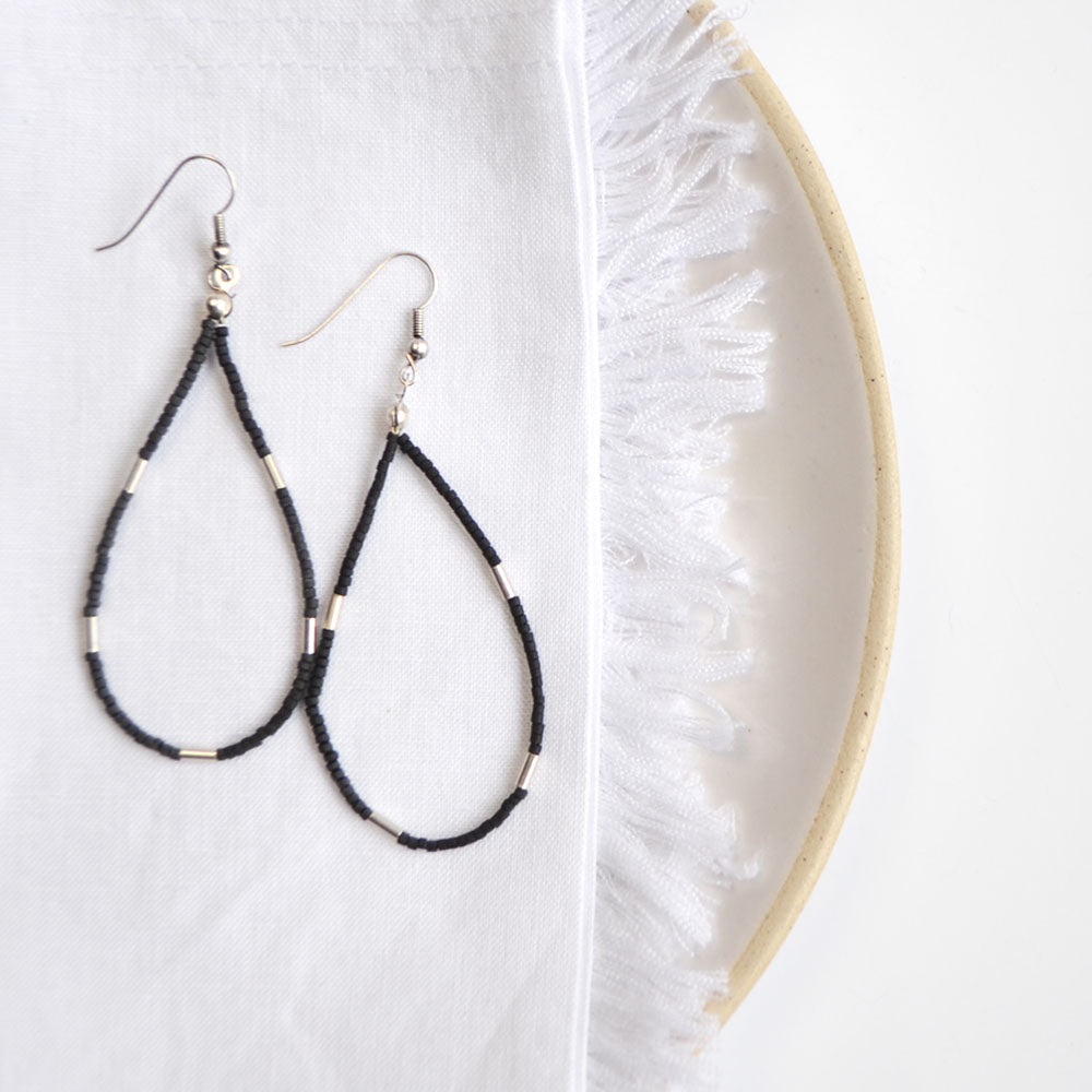Silver plated, black and silver plated beaded tear drop