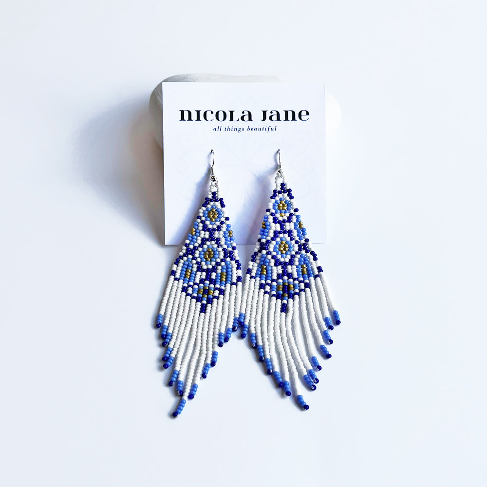 Blue and white dangly beaded earrings