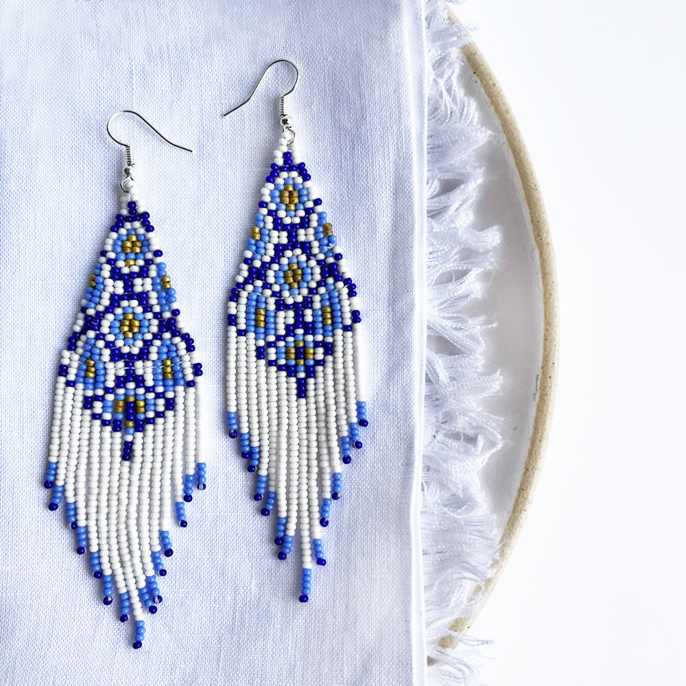 Blue and white dangly beaded earrings