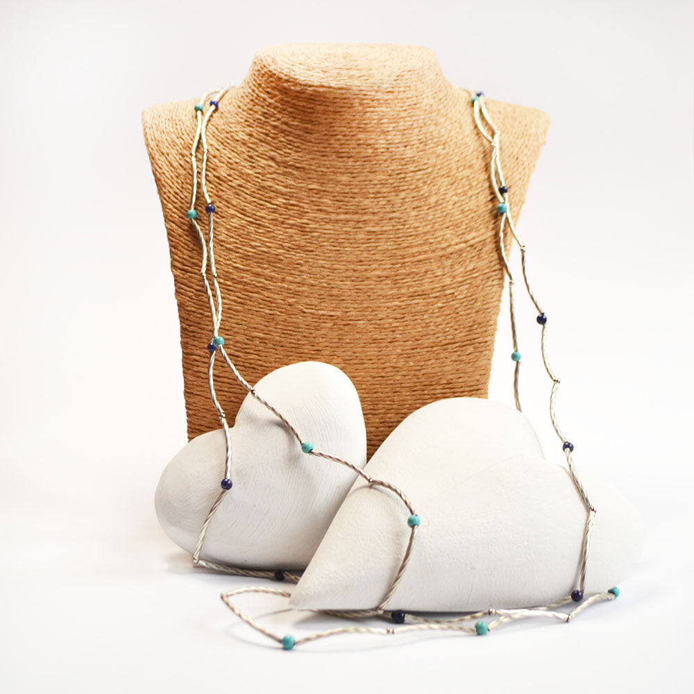 Silver plated silver straws and turquoise beaded necklace