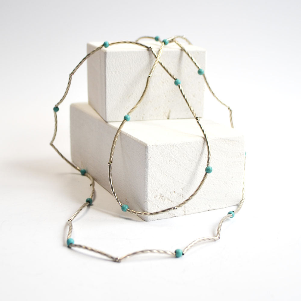 Silver plated silver straws and turquoise beaded necklace