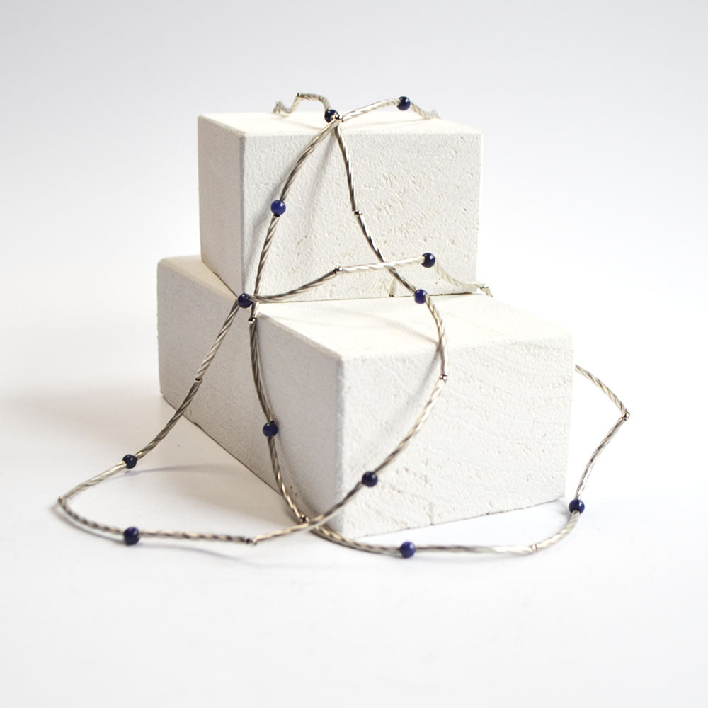 Silver plated silver straws and royal blue beaded necklace