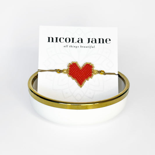 Beaded bracelet - red and gold heart