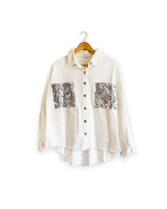 Julz White Denim Jacket – Sequin Pockets