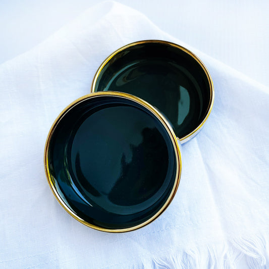 Small Dark Green ceramic bowls with a gold trim